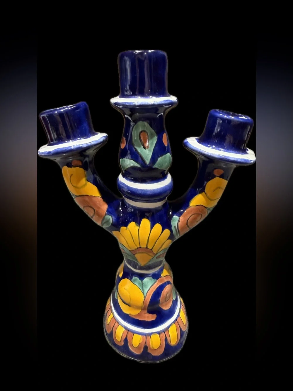 Beautiful Large Pair of Hand-Painted Mexican Talavera 3-Arm Candelabras.